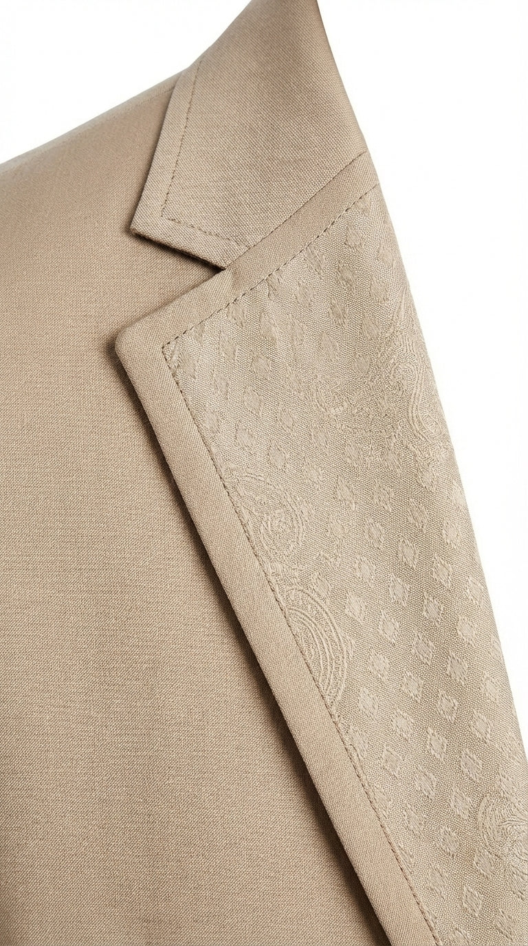 Men’s Tan Beige 3 Piece Tuxedo Suit – Beige Formal Suit Set with Vest, Patterned Lapel and Tie for Wedding, Prom in Tan Khaki Color - 34 Short or Extra Small