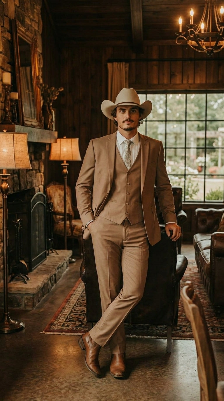 Mens Camel Brown Copper Western 3 Piece Suit – Classic Country Style Blazer Vest Pants Set, Formal Cowboy Suit Outfit - 34 Short or Extra Small