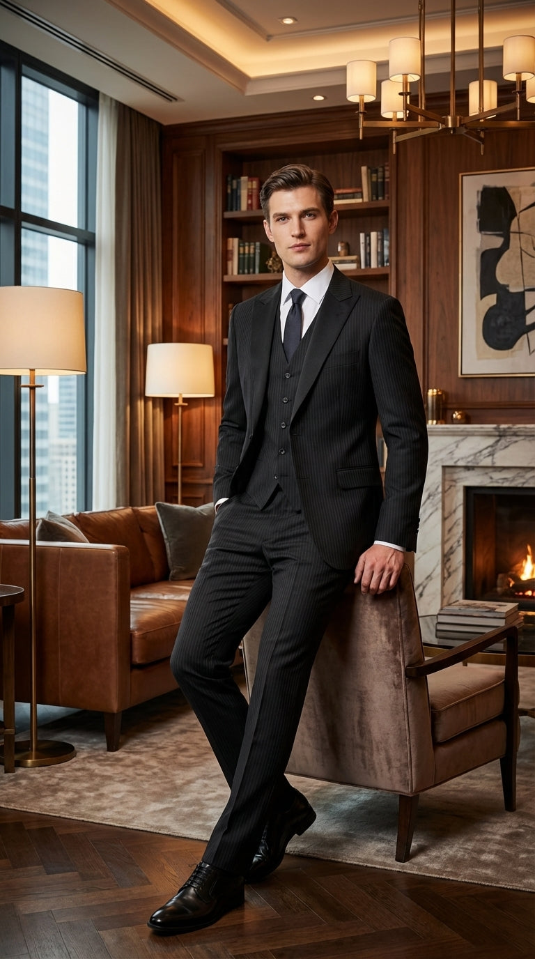 Vitali Mens Black Tone on Tone Shadow Stripe Vested Suit Set – 3 Piece Modern Fit Pinstripe Two Buttons - 34 Short or Extra Small