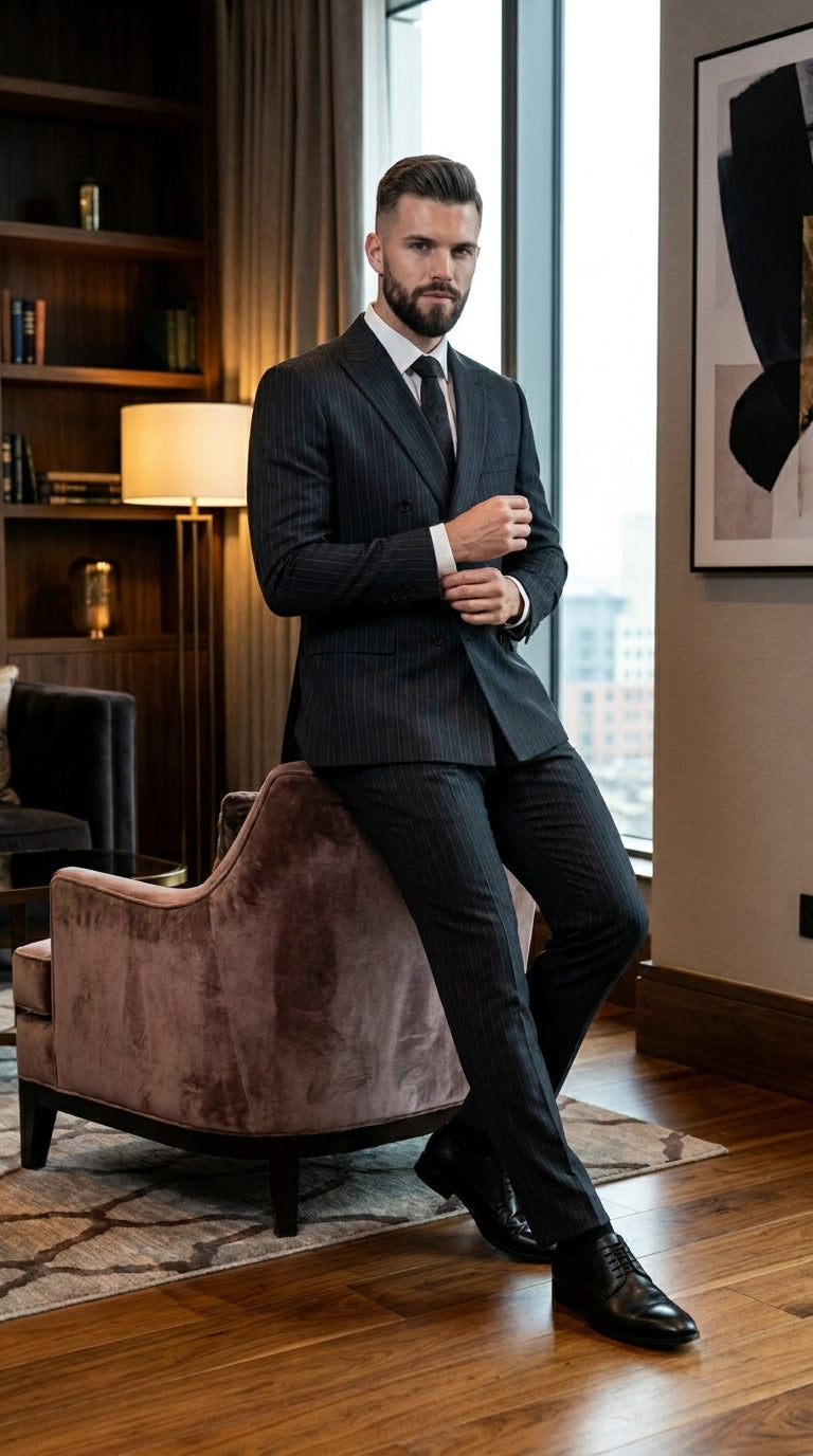 Men’s Black Pinstripe Double Breasted Suit – Classic Formal Business Suit Office and Evening Wear Modern Fit Conservative pattern - 34 Short or Extra Small