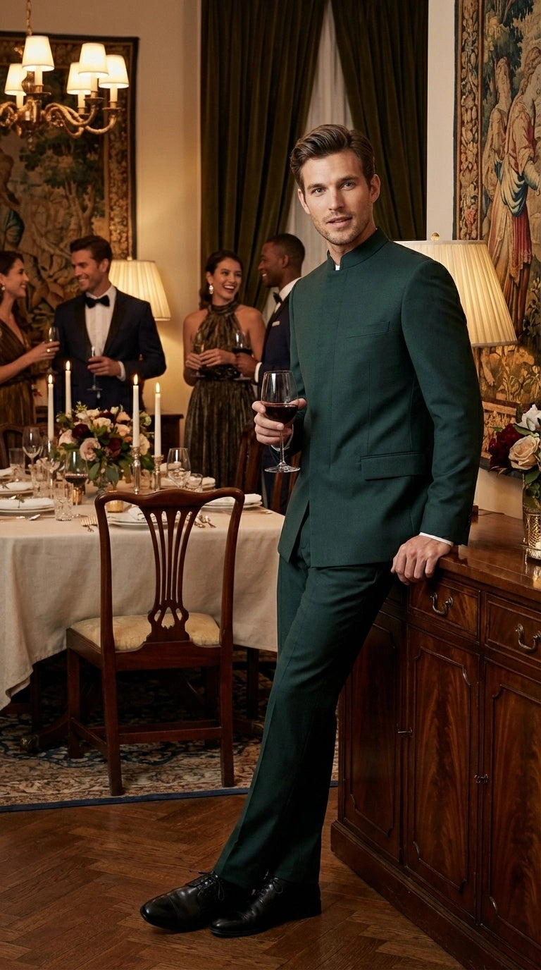 Men’s Olive Green Tuxedo Mandarin Collar Suit – Modern Nehru Style Formal Suit for Wedding Banded Collar - 34 Short or Extra Small