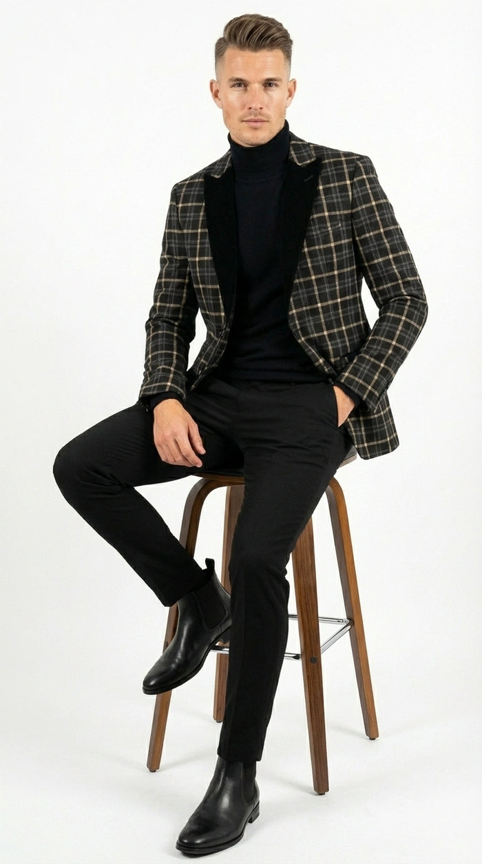 Mens Tartan Black and Gold Check Blazer – Windowpane Plaid Sport Coat Velvet Lapel Formal Party Jacket Chirsitmas New Year Holiday Jacket