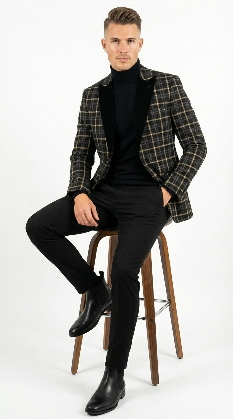 Mens Tartan Black and Gold Check Blazer – Windowpane Plaid Sport Coat Velvet Lapel Formal Party Jacket Chirsitmas New Year Holiday Jacket - 36 Short