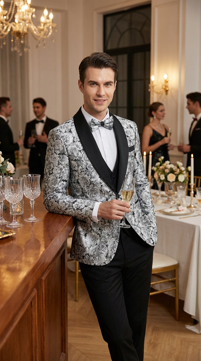 Mens Black and Silver Floral Tuxedo – Luxury Patterned Wedding, Prom and Formal Dinner Tuxedo - 34 Short or Extra Small