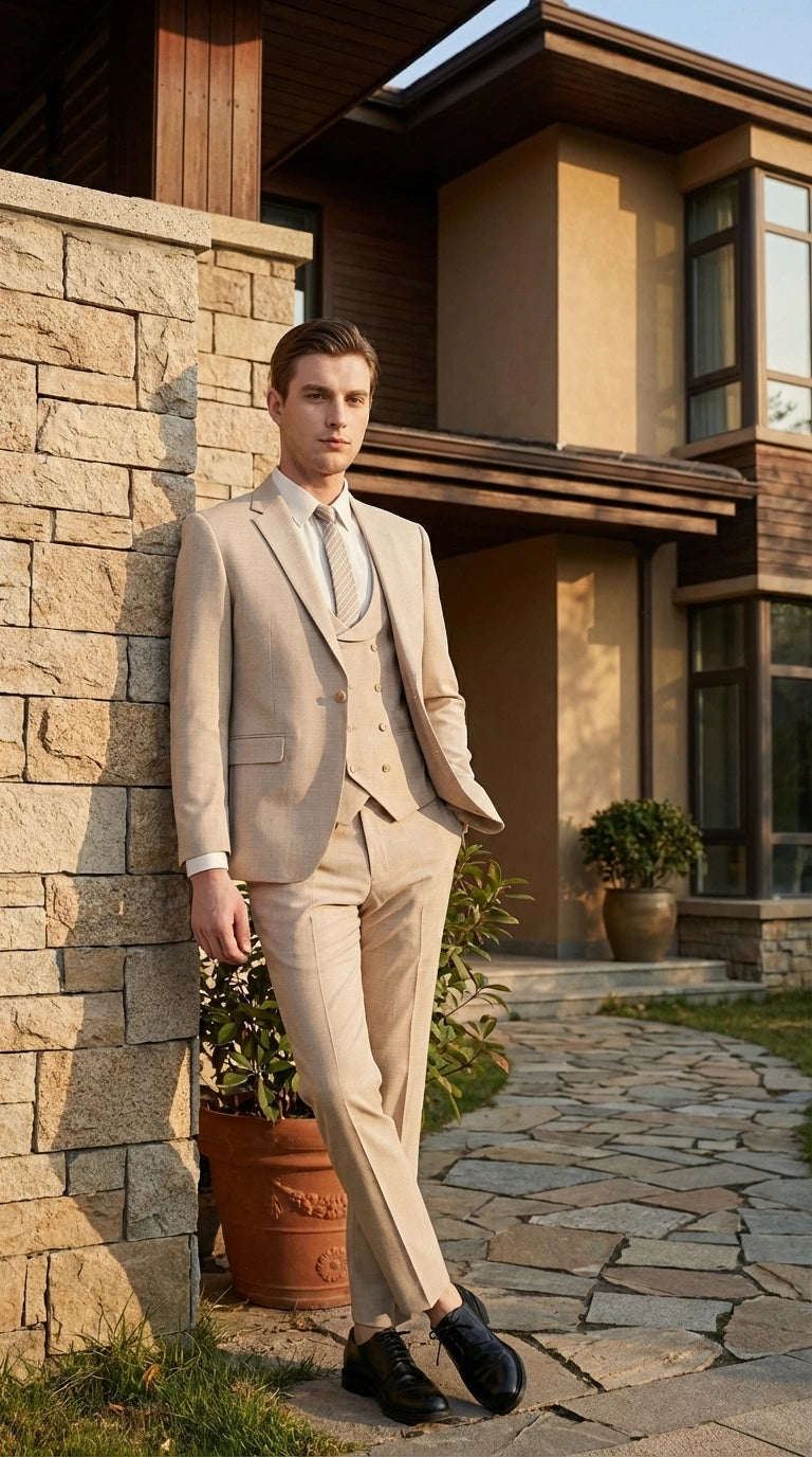 Mens Sand Beige 3 Piece Suit – Double breasted Vest Formal Suit Set  and Dress Pants in Champaign Natural Summer Color - 34 Short or Extra Small