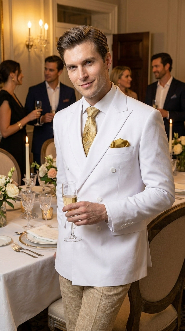 Men’s White Double Breasted Blazer, Formal Dress Jacket for Weddings, Prom, Parties, Dinner Events, and Special Occasions - 36 Short