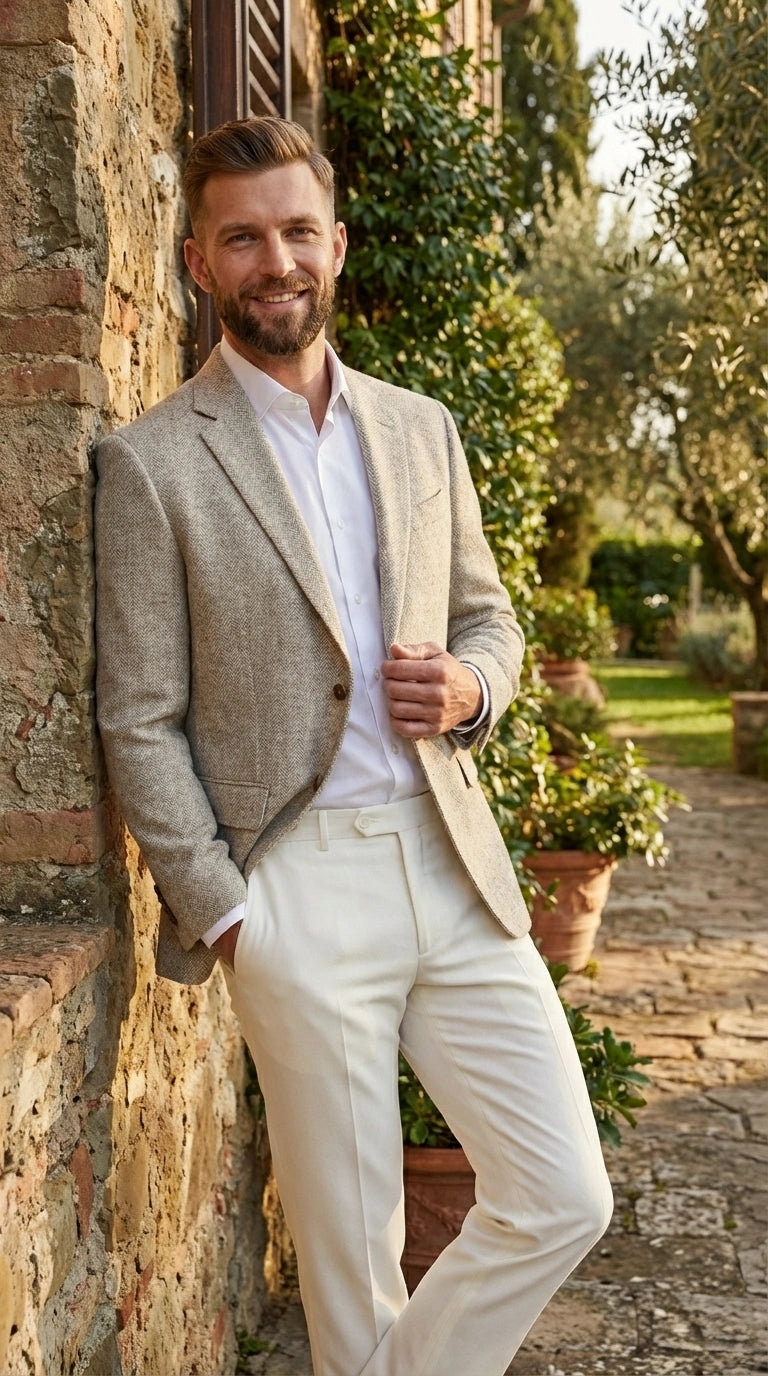 Men’s Light Tan Tweed Blazer – Classic Herringbone Sport Coat, Beige Casual Formal Jacket, Vintage Style Business & Smart Casual Wear - 36 Short