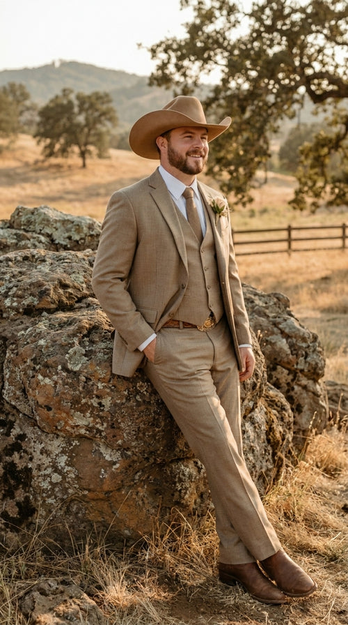 Mens Sharkskin Dark Taupe Tan with sheen Western 3 Piece Suit – Classic Country Style Blazer Vest Pants Set, Formal Cowboy Suit Outfit