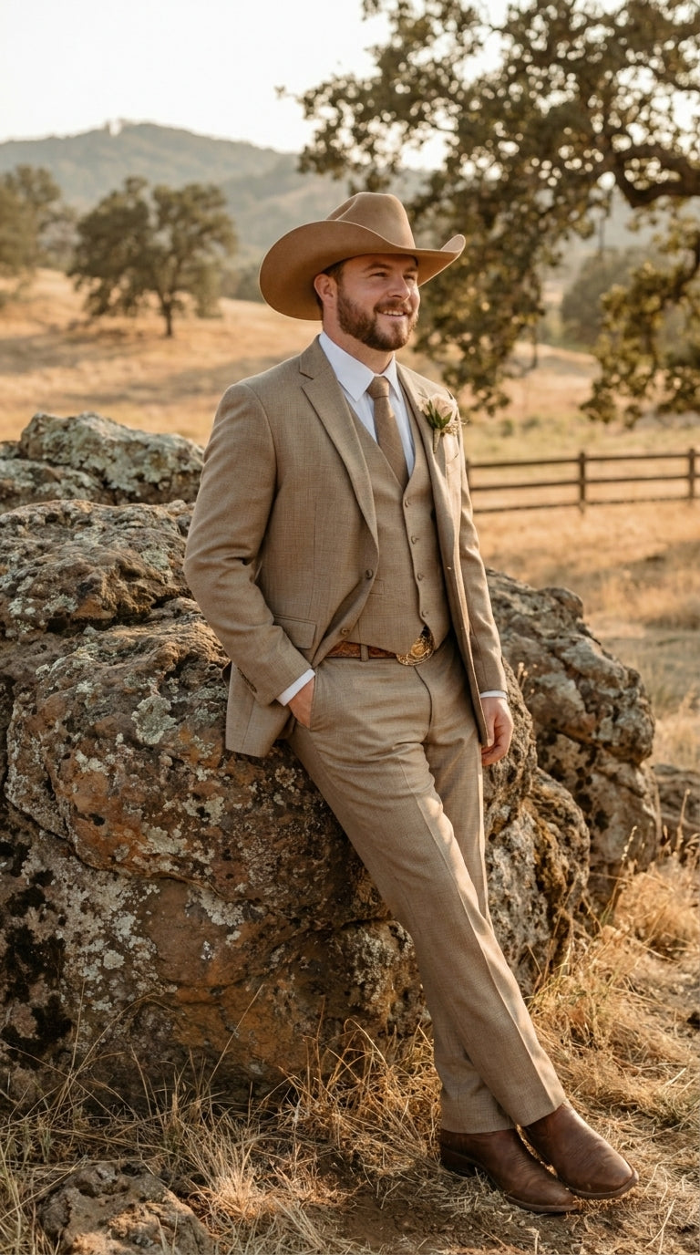 Mens Sharkskin Dark Taupe Tan with sheen Western 3 Piece Suit – Classic Country Style Blazer Vest Pants Set, Formal Cowboy Suit Outfit - 34 Short or Extra Small