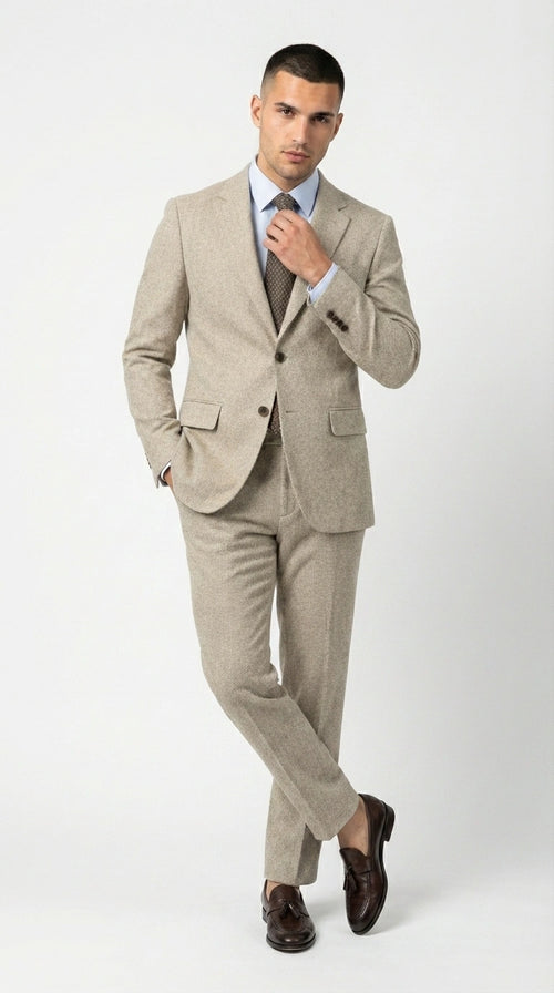 Men’s Light Tan Tweed Suit – Classic Beige Two Piece Suit, Herringbone Formal Wear, Vintage Style Business & Wedding Outfit for Men
