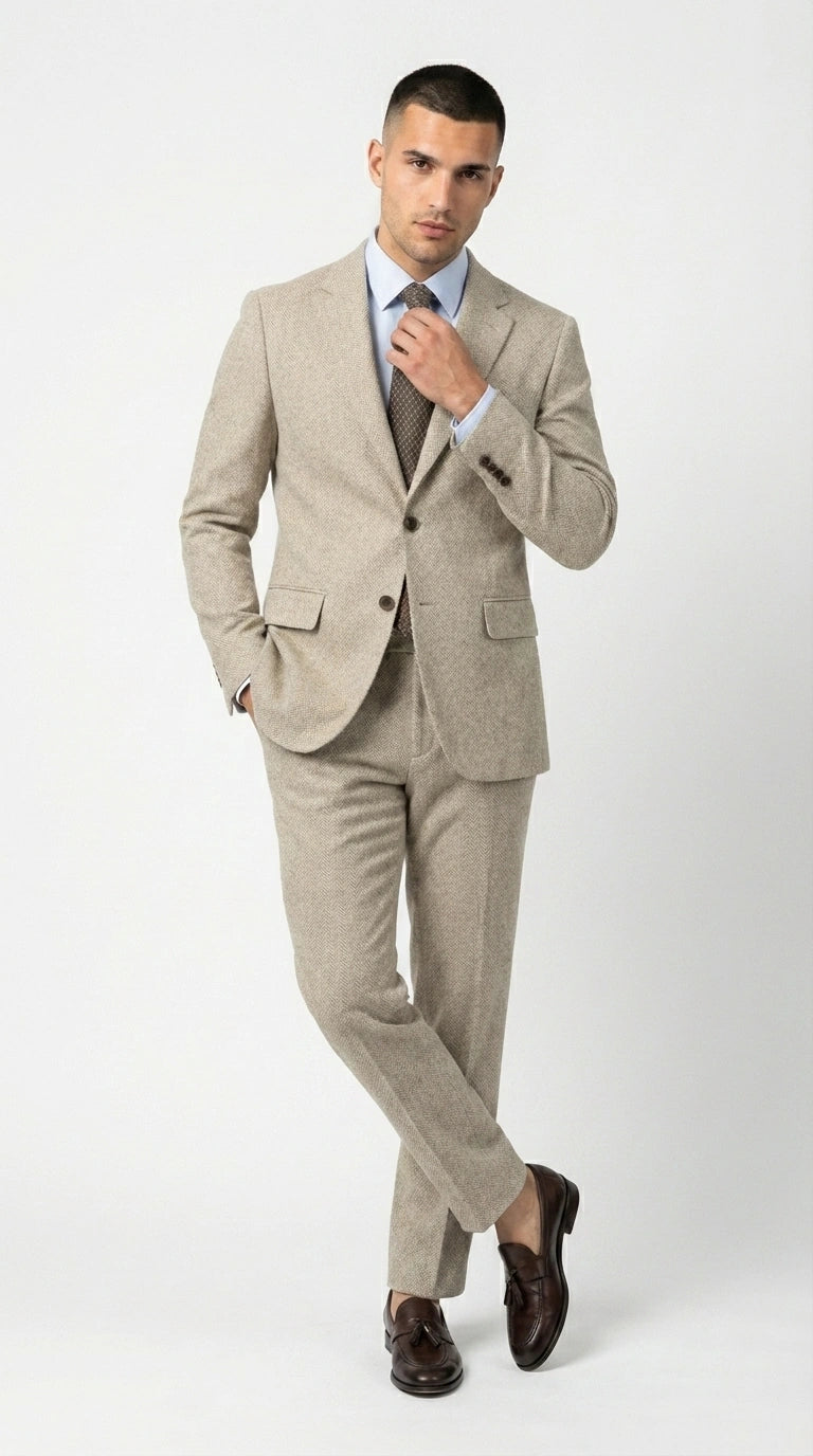 Men’s Light Tan Tweed Suit – Classic Beige Two Piece Suit, Herringbone Formal Wear, Vintage Style Business & Wedding Outfit for Men - 34 Short or Extra Small