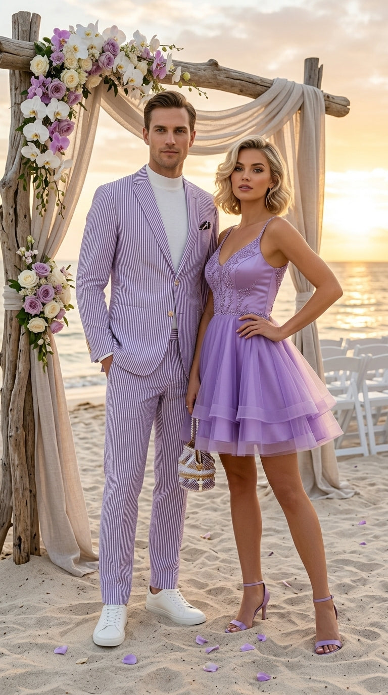 Men’s Lavender Seersucker 2 Piece Suit, Lightweight Summer Blazer and Pants Set for Weddings, Parties, Prom, and summer fabric - 34 Short or Extra Small