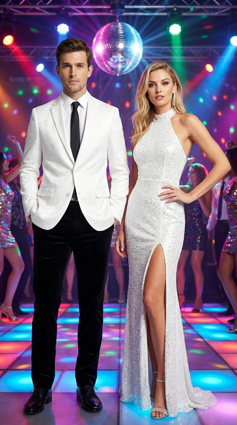Men’s White Disco Blazer 1980s Sequin Style Jacket – Lapel Collar Party Blazer, Formal Evening Wear, Halloween Masquerade Club Outfit - 36 Short