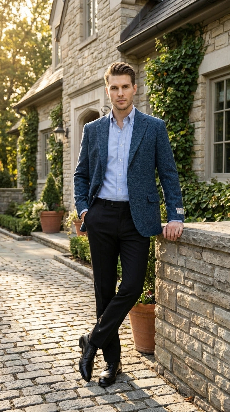 Mens Light Blue Tweed Blazer Sport Coat – Classic Herringbone Jacket Formal Business Casual Smart Outerwear in indigo cobalt blue - 36 Short