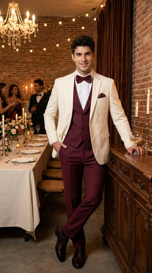 Men’s Cream Ivory and Burgundy 3 Piece Tuxedo Suit, Vested Formal Wedding Prom Dinner Suit in Cream Off White Color