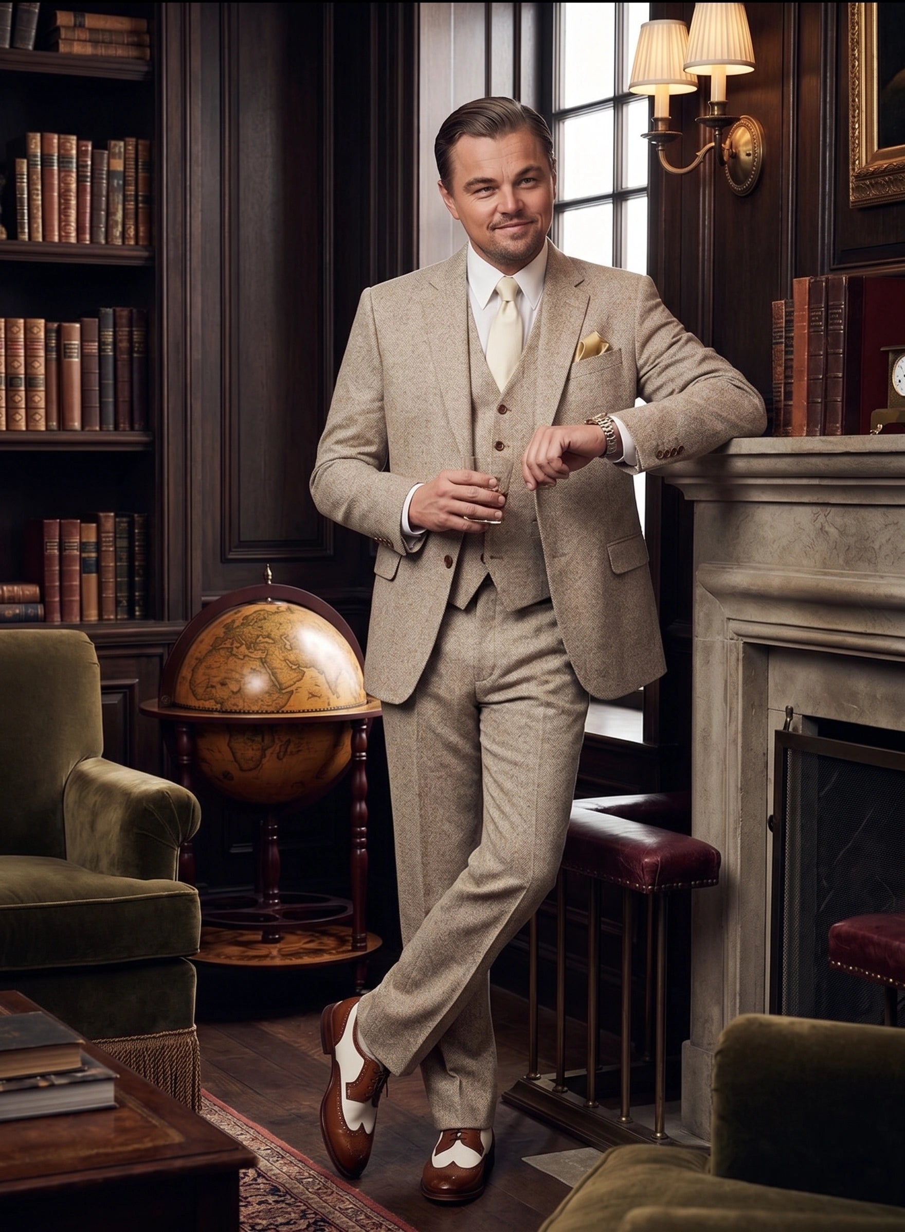 Men’s Light Tan Tweed Great Gatsby 3 Piece Suit – Vintage Vested Wedding Suit, 1920s Classic Formal Outfit Herringbone - 34 Short or Extra Small