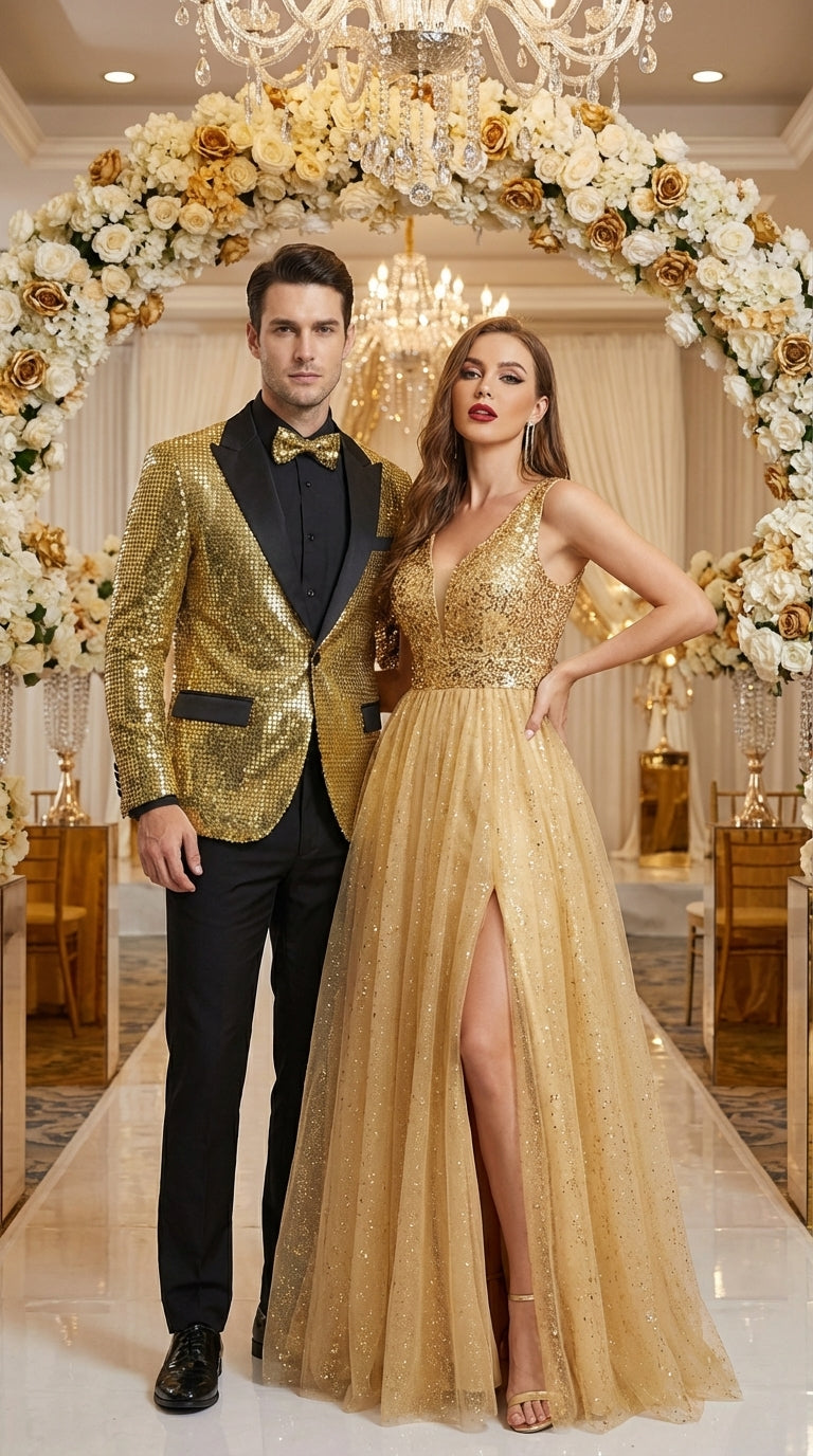 Mens Gold Sequin Blazer with Black Satin Lapel – Gold Formal Party Blazer Jacket for Prom, Wedding and Stage Events - 36 Short