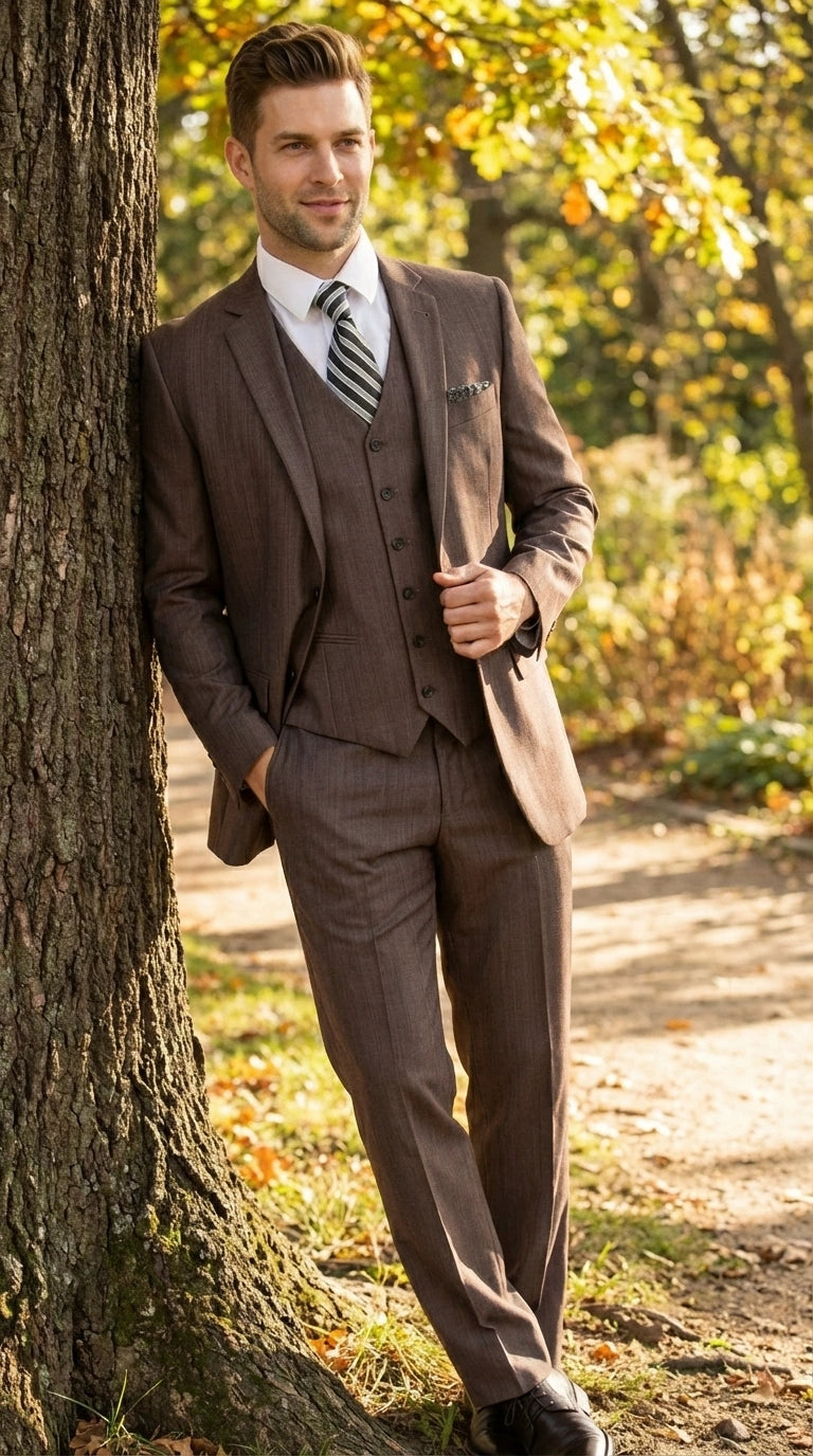 Men’s Brown Sharkskin 3 Piece Suit – Textured Two Button Vested Business Formal Suit for Wedding, Party Wear Vested - 34 Short or Extra Small