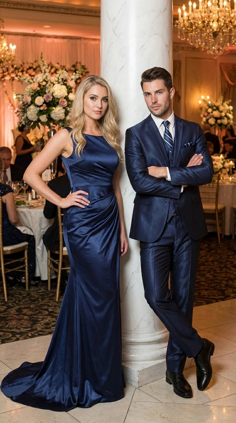 Men’s Navy Blue Sharkskin 3 Piece Suit – Two Button Vested Shiny Formal Suit for Wedding, Prom, Business and Party Wear - 34 Short or Extra Small