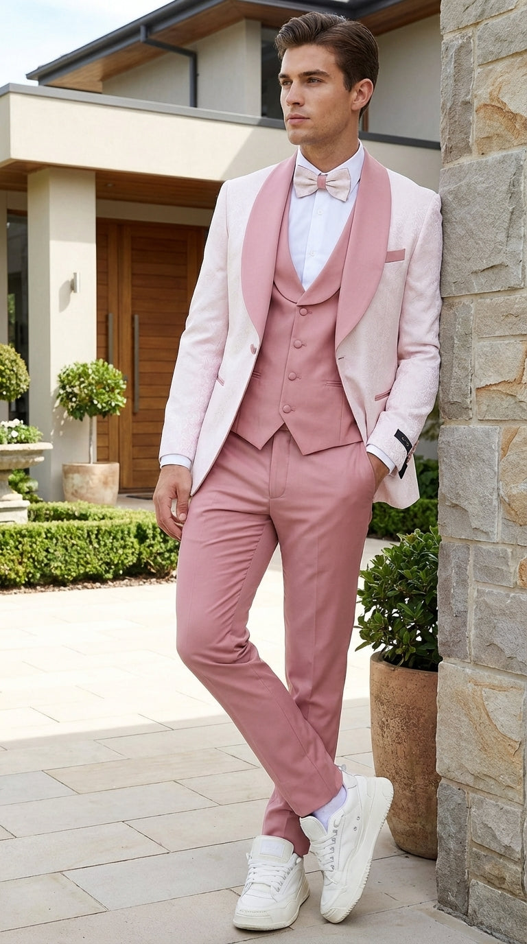 Men’s Cream and Rose Pink Prom Suit – Cream Tuxedo Jacket with Rose Pink Pants and Shawl Lapel Formal Suit for Prom and Wedding - 34 Short or Extra Small