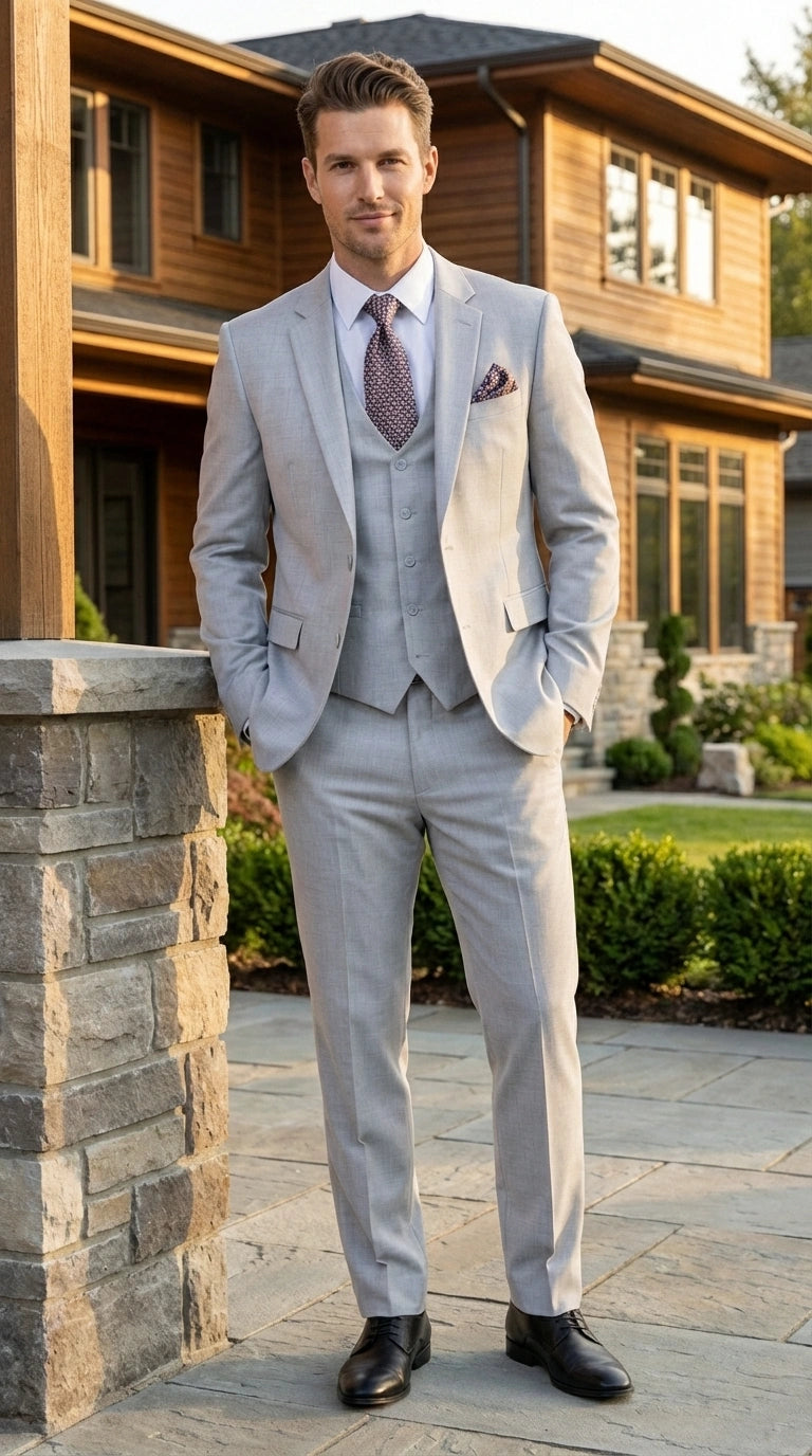 Men’s Light Grey Sharkskin 3 Piece Suit – Two Button Vested Modern Formal Business Suit for Wedding in silver Ice Gray - 34 Short or Extra Small