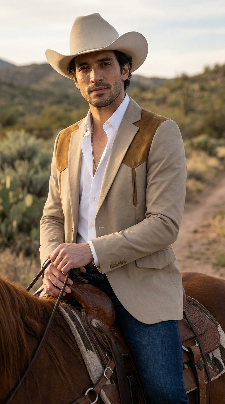 Men’s Khaki Western Blazer with Suede Yokes, Cowboy Sport Coat , Ranch and Country Events in Tan Khaki Color By Platini - 36 Short