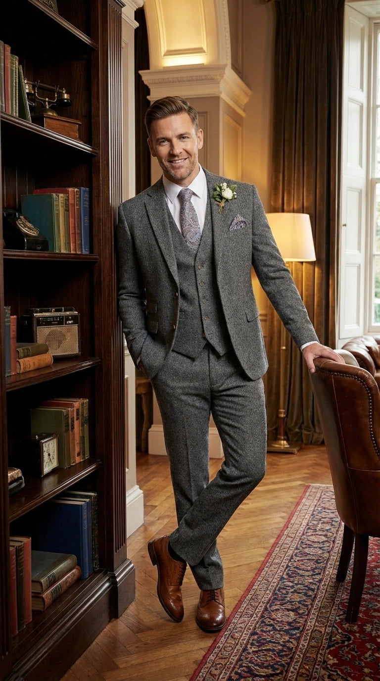 Men’s Peaky Blinder Light Grey Tweed Suit with Vest – Classic Three Piece Formal Suit, Vintage Wedding Business Outfit - 34 Short or Extra Small