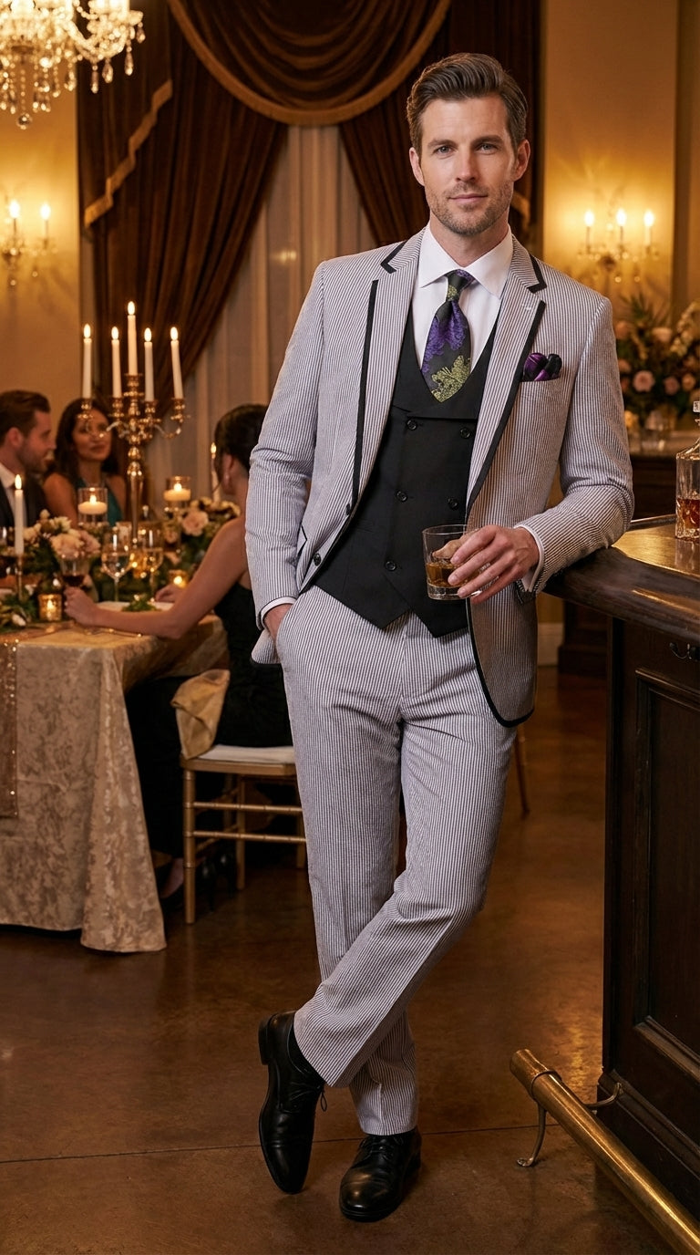 Mens Black and White Pinstripe Wedding Tuxedo Suit – Three Piece Formal Suit Set with Contrast Trim for Groom, Prom - Seersucker Summer Suit - 34 Short or Extra Small