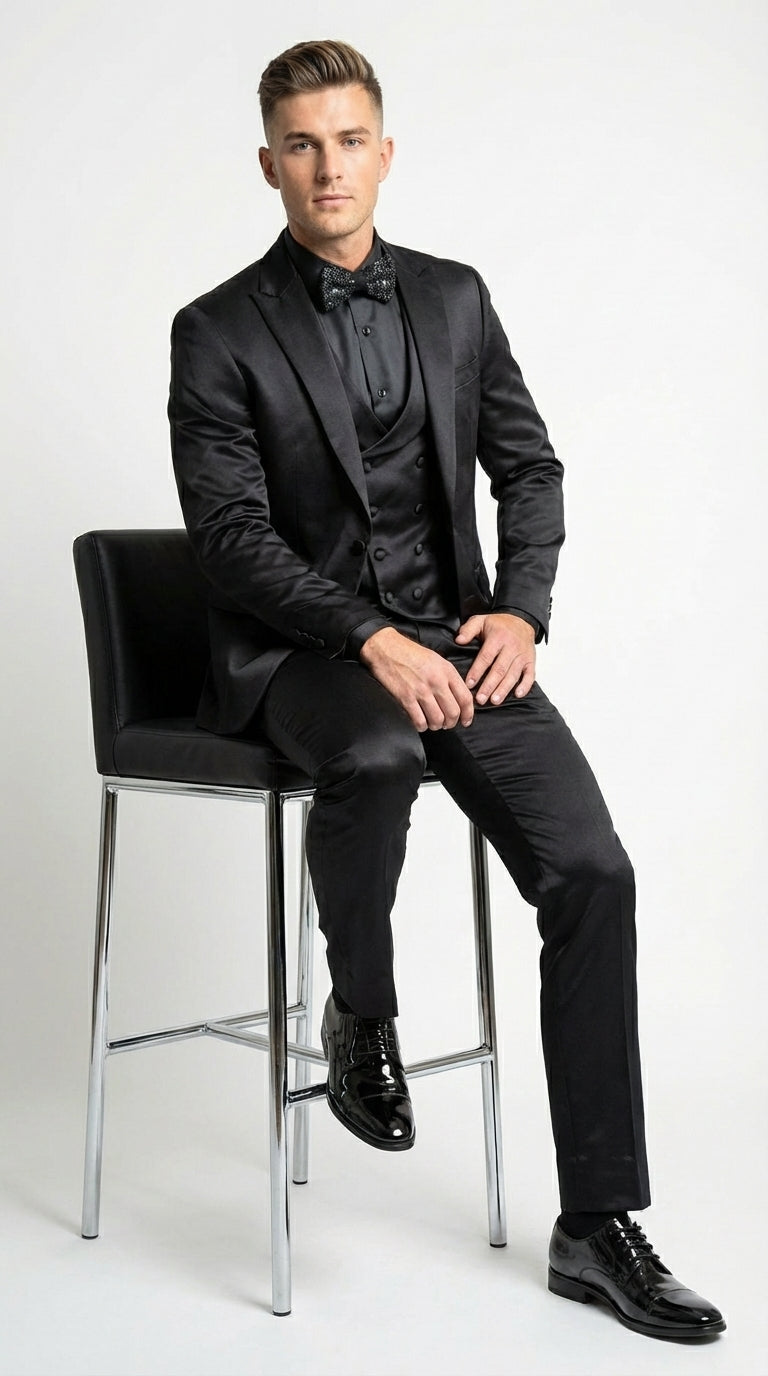 Men’s All Shiny Black Satin Suit – Black Satin Tuxedo Suit for Prom, Wedding, Formal Party and Evening Events Double breasted Vest - 34 Short or Extra Small