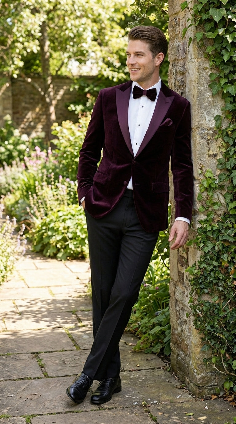 Mens Plum Eggplant Velvet Blazer Jacket – Luxury Velvet Dinner Jacket for Wedding, Tuxedo Events, Formal Parties in Burgundy Color - 36 Short