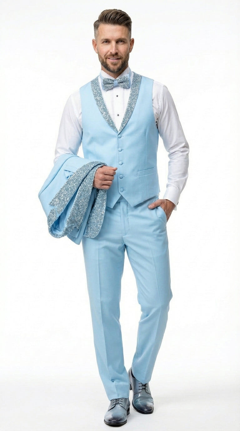 Mens Light Blue 3 Piece Prom Tuxedo – Sky Blue Formal Suit with Sequin Lapel Wedding Party Tuxedo Set in Baby Blue - 34 Short or Extra Small