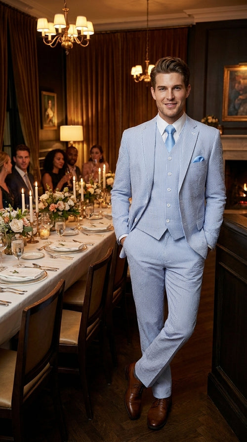 Cheap priced Suit - Mens 2 Button Jacket + Pants Summer Seersucker Blue Suit