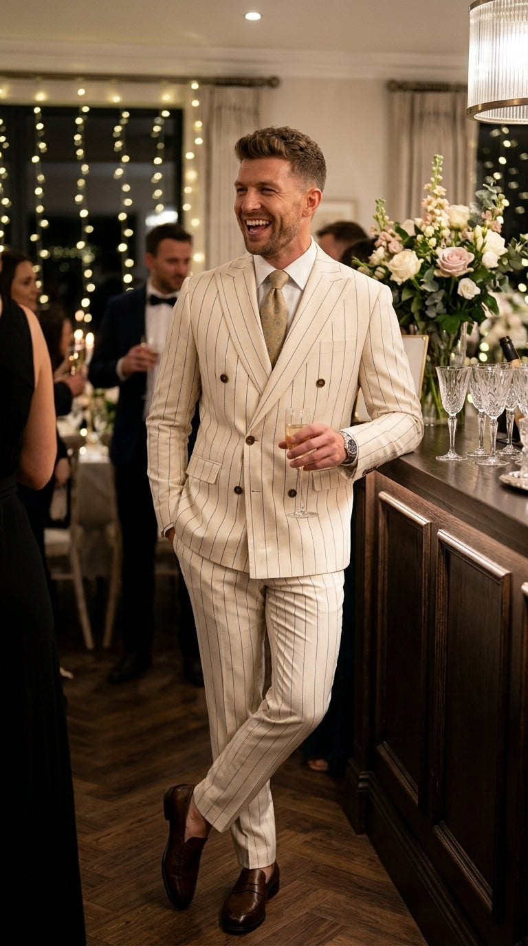 Men’s Cream Off White Pinstripe Linen Pinstripe 2 Piece Double Breasted Suit, Summer Wedding Ivory Color By Vitali - 34 Short or Extra Small