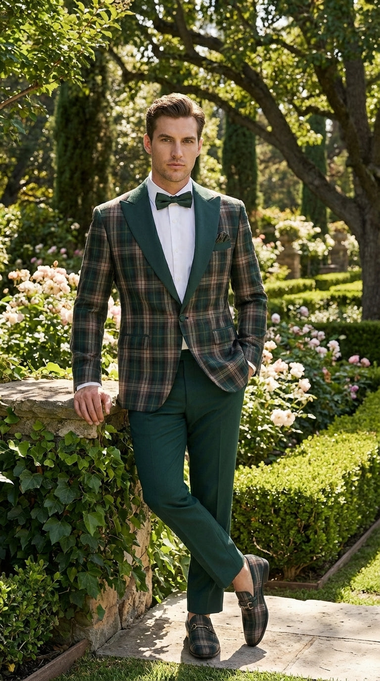 Mens Tartan Green and Brown Blue Plaid Tuxedo Dinner Jacket Set – Checkered Prom Blazer with Dark Green Pants Formal Wedding Party Wear - 36 Short