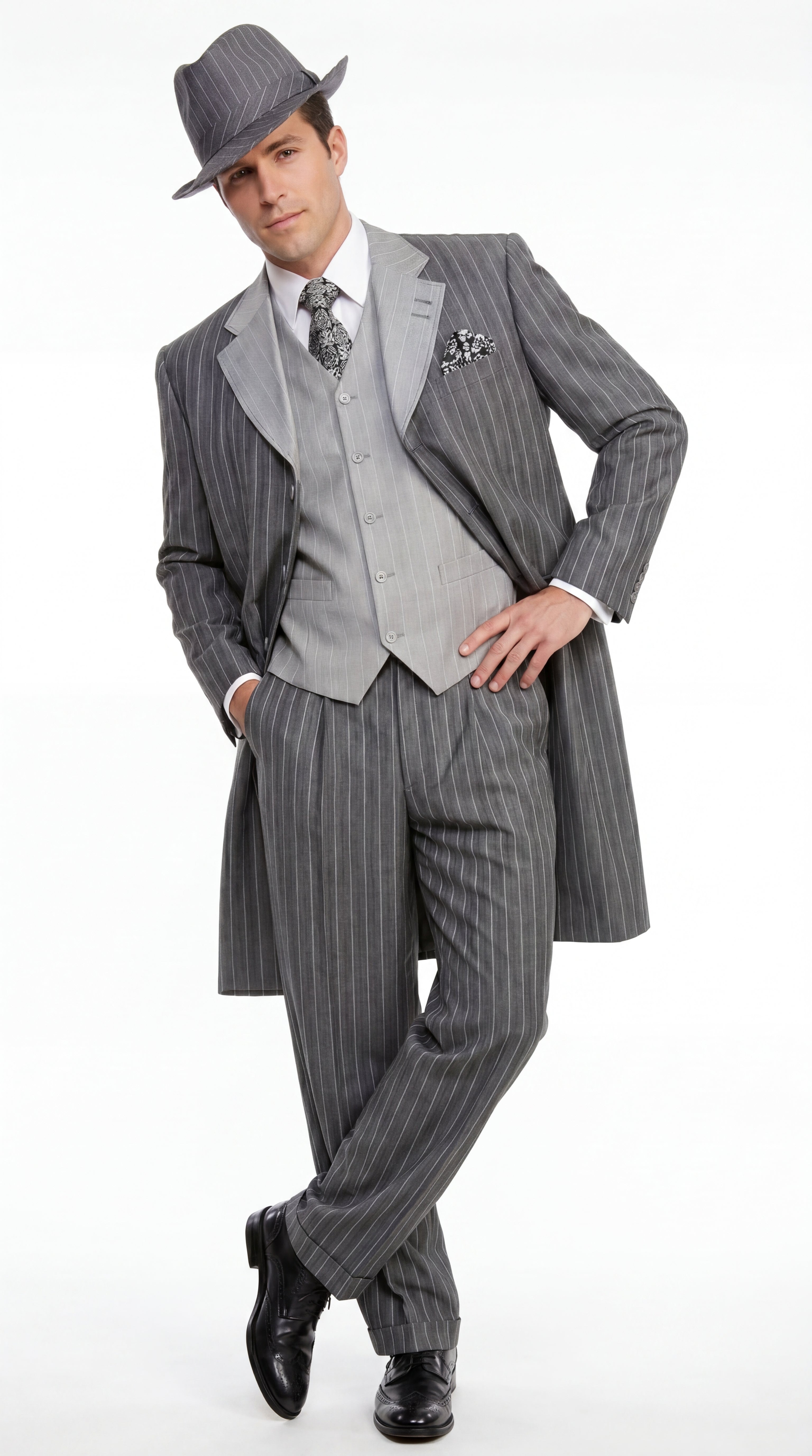 Men’s Grey Pinstripe Zoot Suit 3 Piece – 1920s Gangster Vintage Wide Lapel Suit with Vest for Wedding, Party - 34 Short or Extra Small