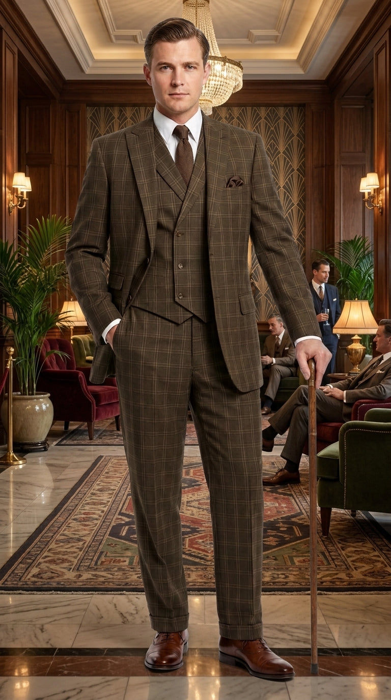 Men’s 1930s Brown Plaid 3 Piece Suit, Vintage Formal Wedding Business Dress Suit Set - 34 Short or Extra Small