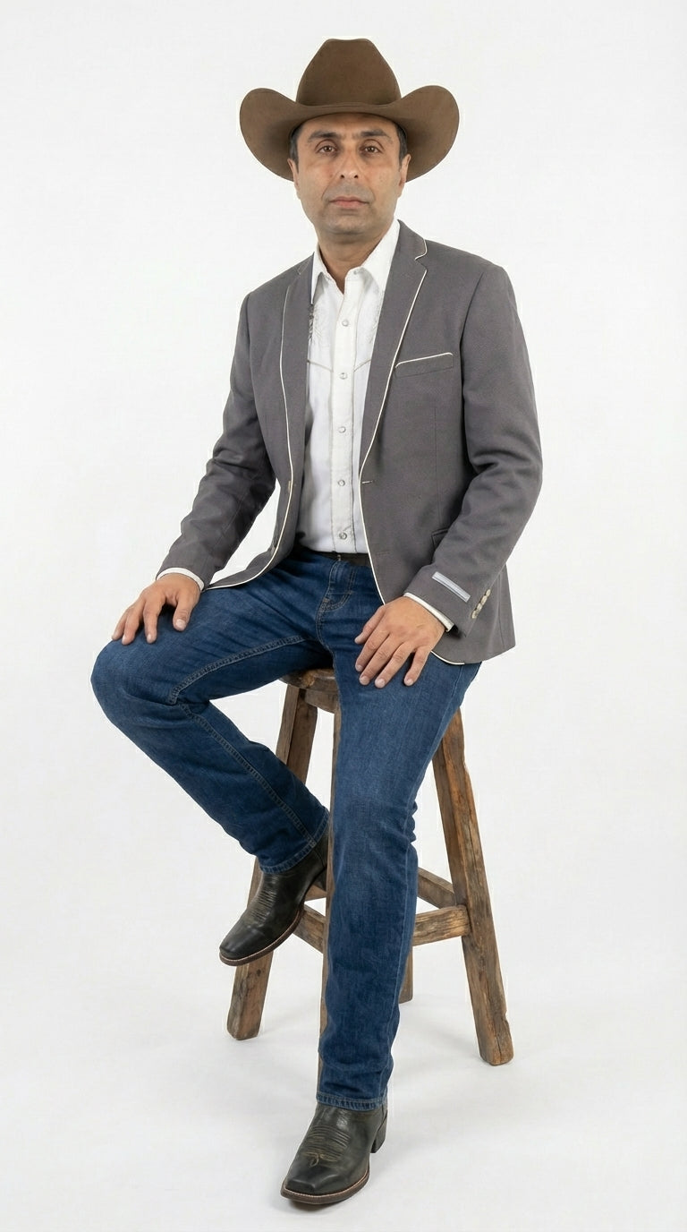 Mens Grey and White Trim Western Blazer – Classic Fit Cowboy Style Contrast Trim Dress Jacket - 34 Short