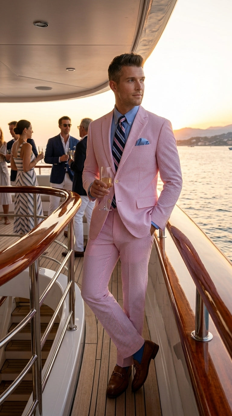 Men’s Pink Seersucker 2 Piece Suit, Lightweight Summer Dress Suit for Weddings, Prom, Parties, and Special Occasions - 34 Short or Extra Small