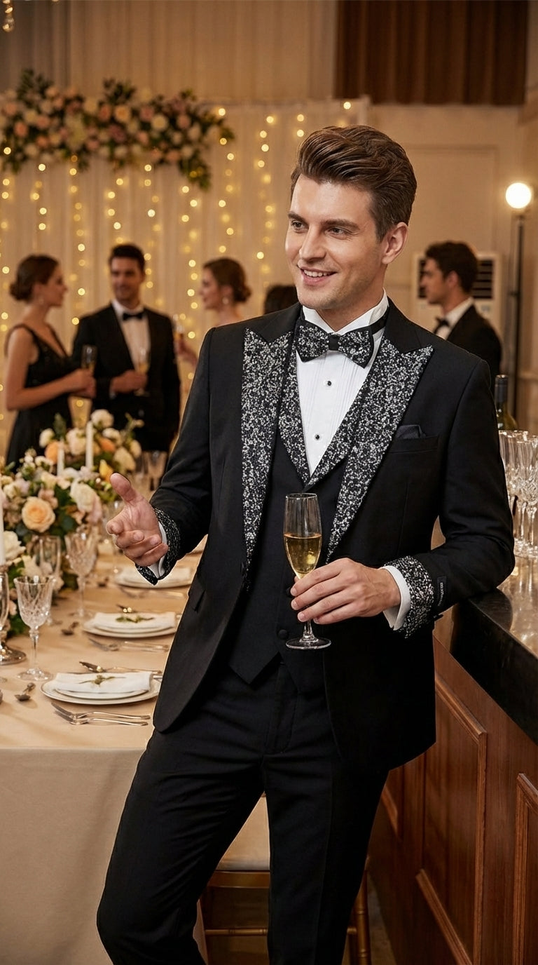 Mens Black and White Lapel Tuxedo Suit – Black Formal Tuxedo with White Pattern Lapel for Wedding, Prom and Evening Events - 34 Short or Extra Small