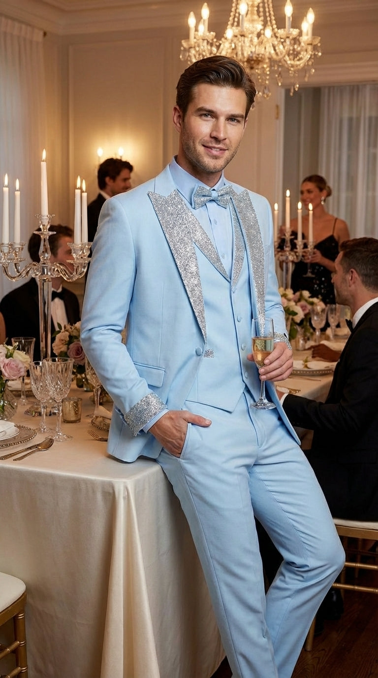 Men’s Light Blue Suit with Silver Glitter Lapel – Light Blue Formal Tuxedo Suit for Prom, Wedding and Special Occasion Wear in Sky Baby Blue - 34 Short or Extra Small
