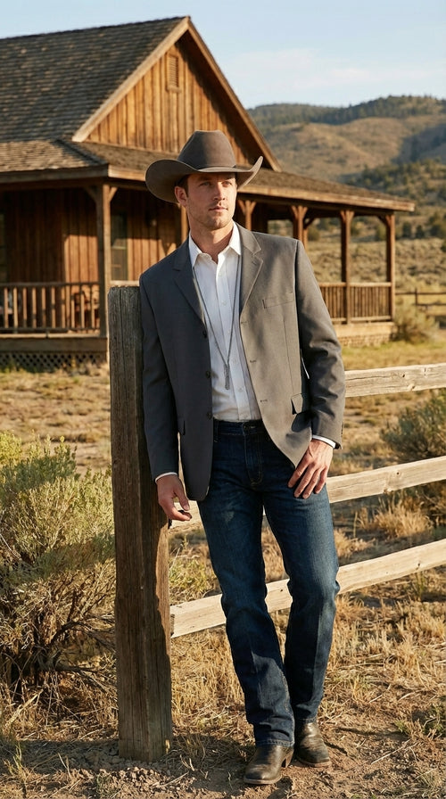 Mens Charcoal Grey Three Buttons Western Blazer – Classic Fit Cowboy Style Three Button Formal Dress Jacket