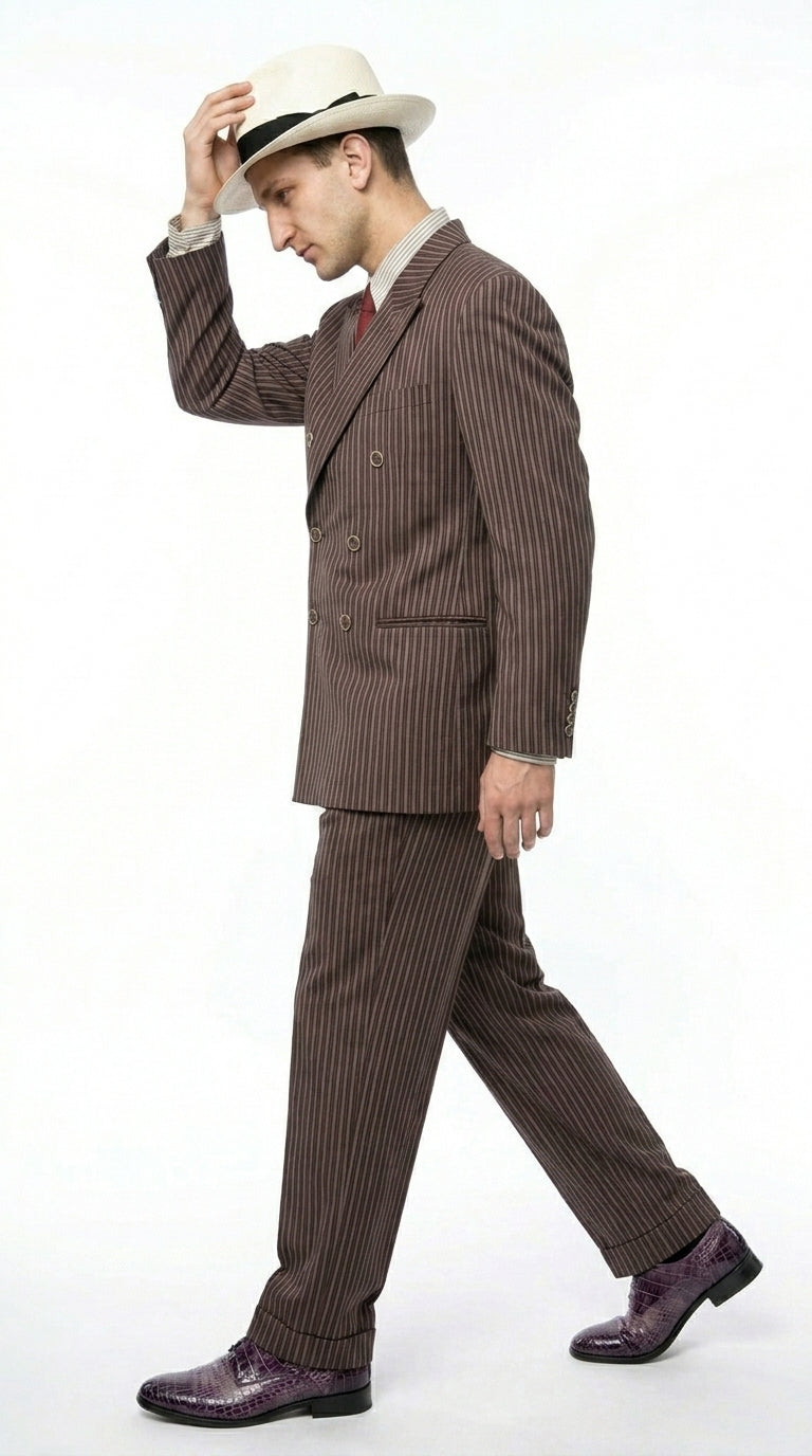 Men’s Brown Pinstripe Bonnie and Clyde Costume Suit – Vintage Gangster 1920s Outfit for Party, Halloween and Themed Events - 34 Short or Extra Small