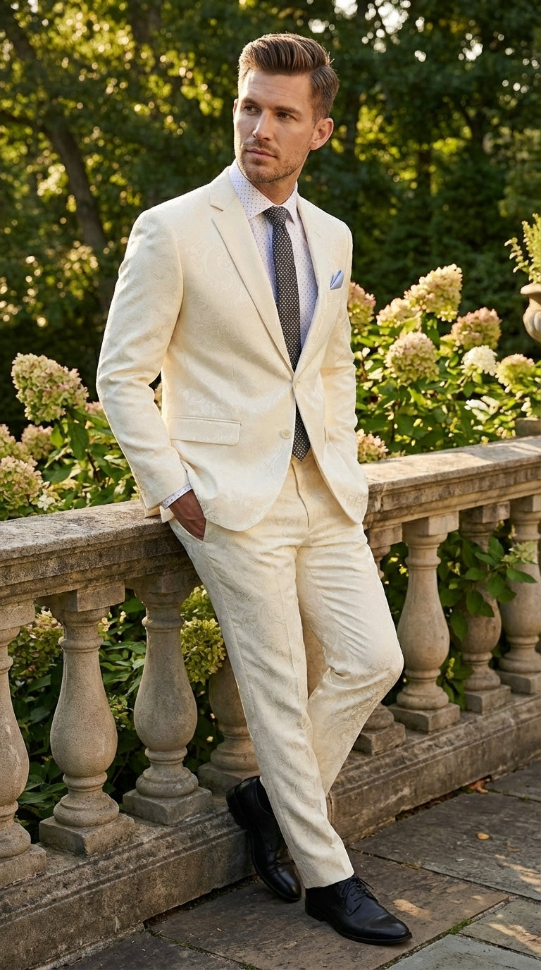 Men’s Ivory Paisley Shiny Suit – Flroal Formal Wedding and Prom Suit for Party, in Cream Off White - 34 Short or Extra Small