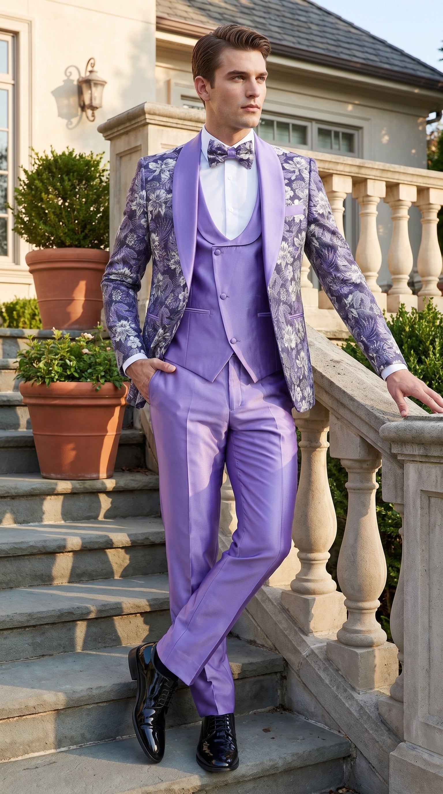Men’s Lilac Lavender Prom Suit – Floral Shawl Lapel 3 Piece Tuxedo with Matching Vest and Pants - 34 Short or Extra Small