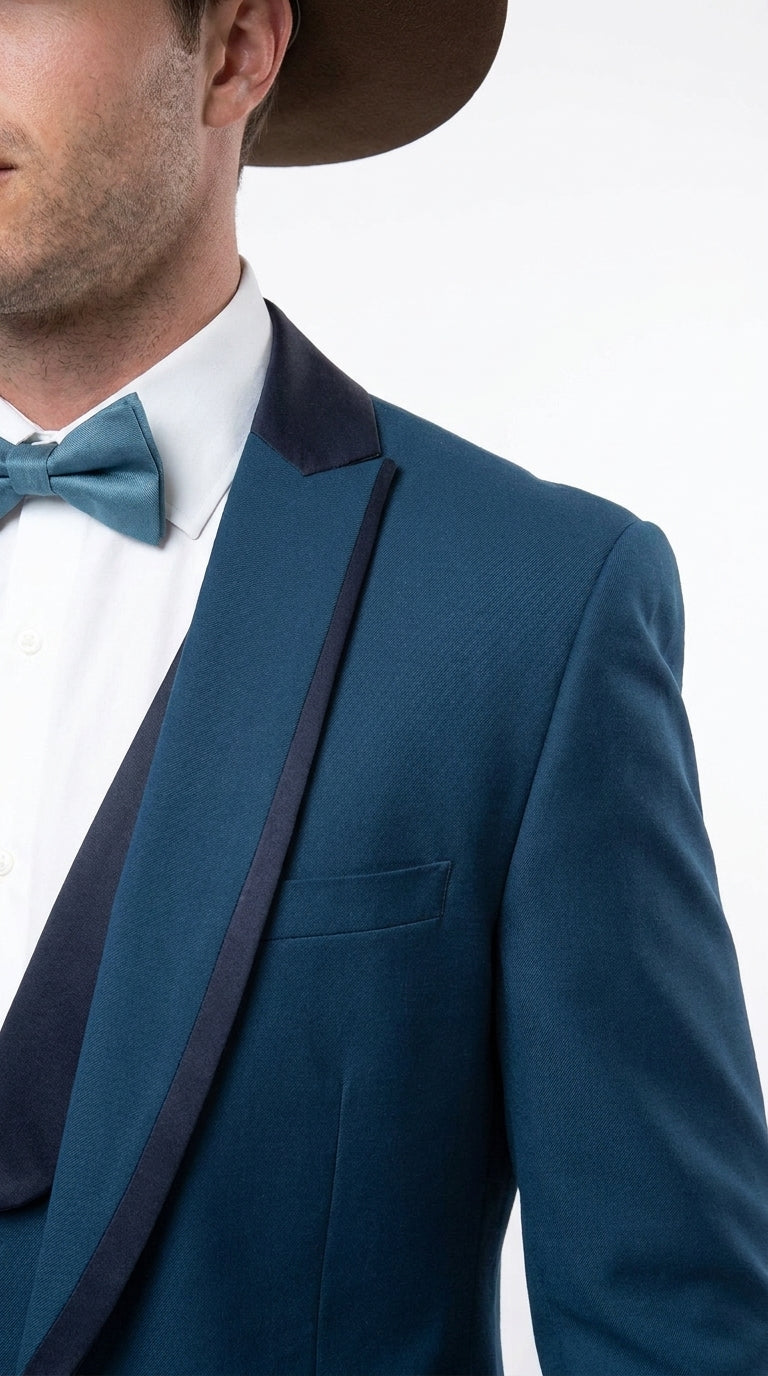 Men’s Teal Blue Western Tuxedo Suit, 3 Piece Cowboy Formal Wedding Prom Suit with Black Shawl Lapel Saphire