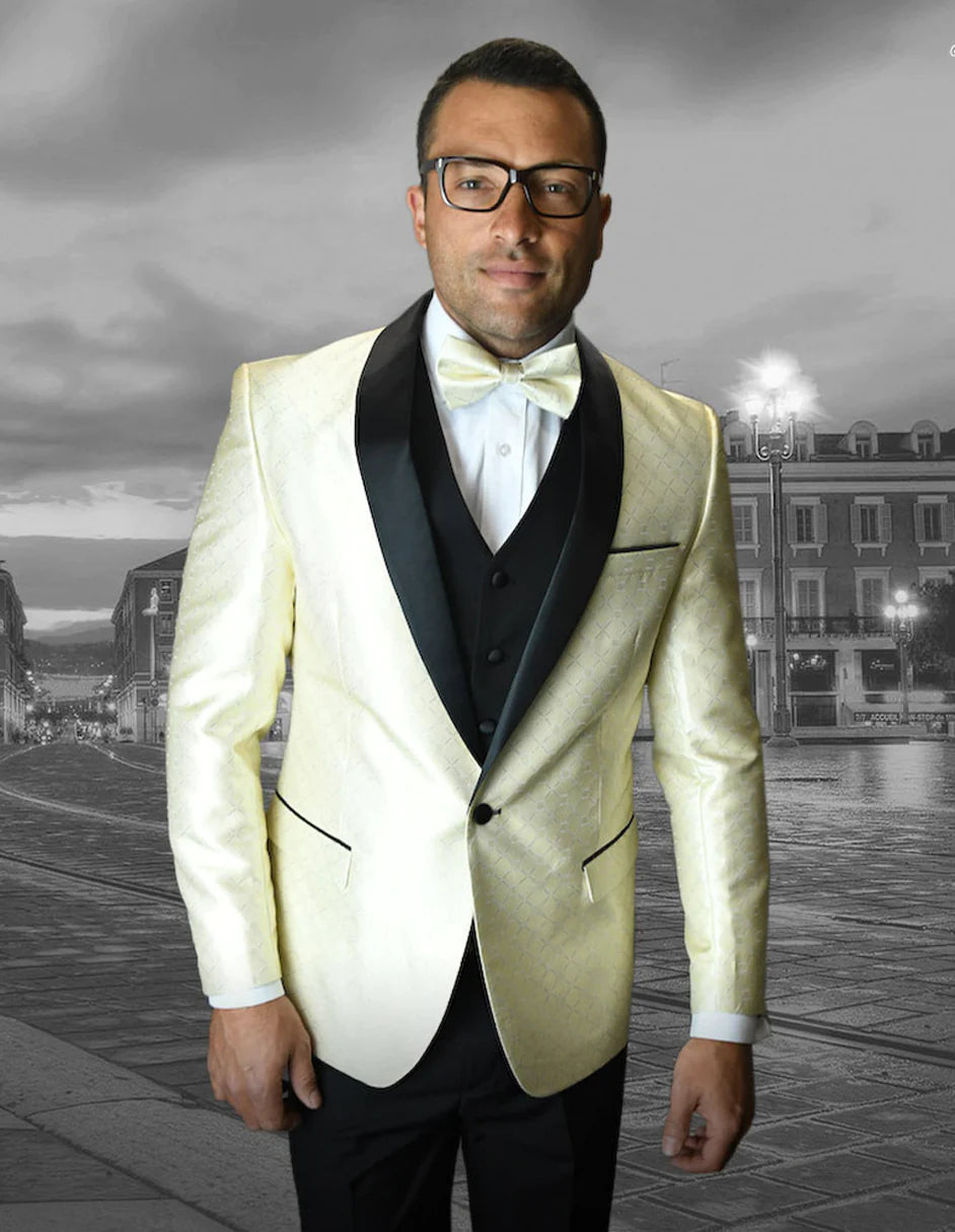 "Mens Vested One Button Shawl Tuxedo Suit in Geometric Chain Print in Ivory"