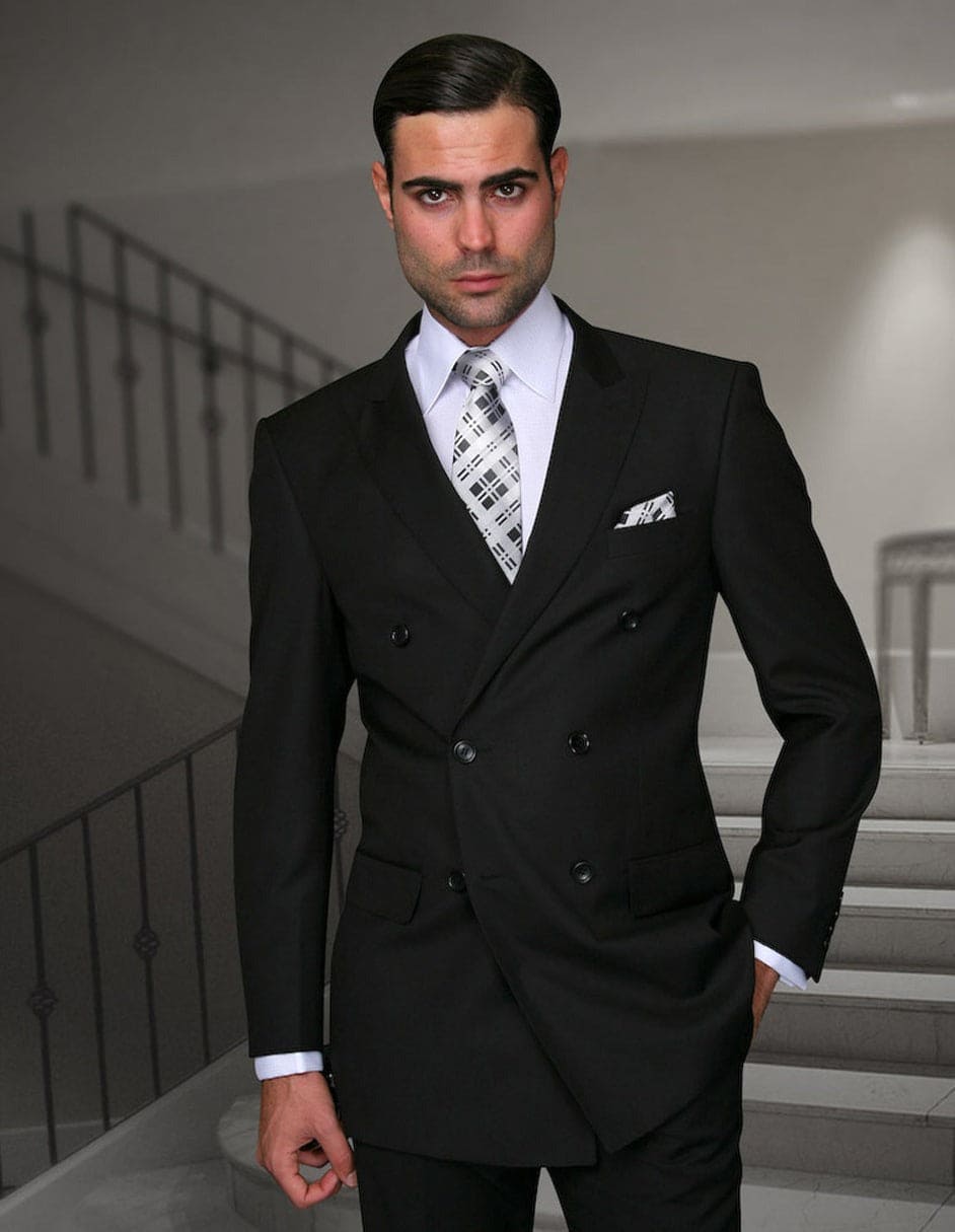Mens Classic Wool Double Breasted Suit  Black