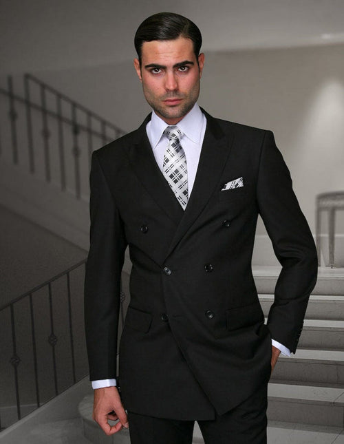 Mens Classic Wool Double Breasted Suit in Black - New Arrival