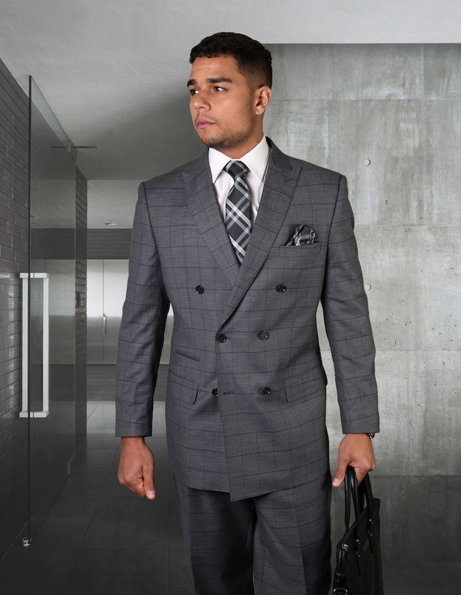 Mens Double Breasted Wool Suit in Charcoal Grey Windowpane - 36 Short