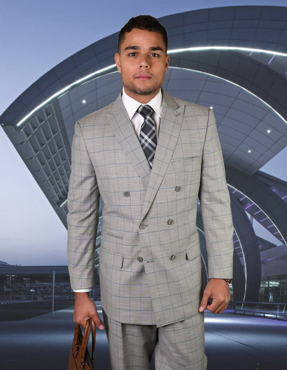 Mens Double Breasted Wool Suit in Grey Windowpane - 36 Short